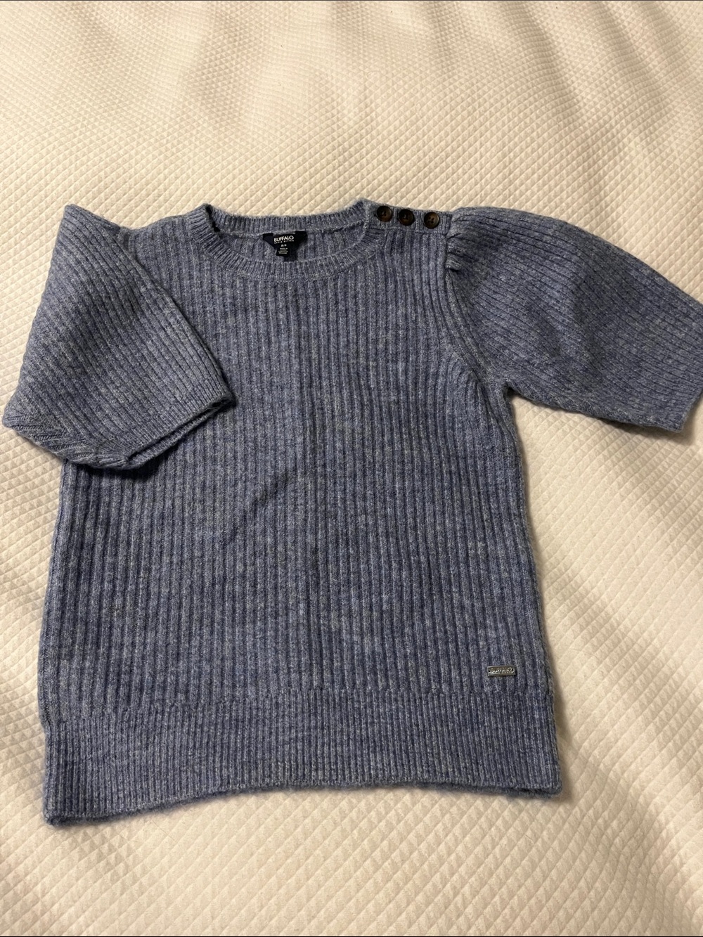 Heather Blue Ribbed Short-Sleeve Crewneck Sweater
